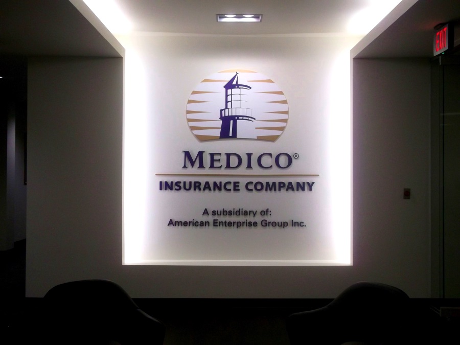 Interior flat cut out letters and logo for Medico Insurance Company