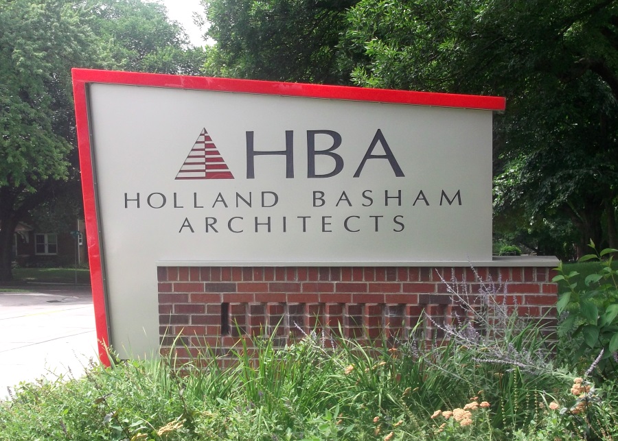 Illuminated, double-face monument sign for Holland Basham Architects